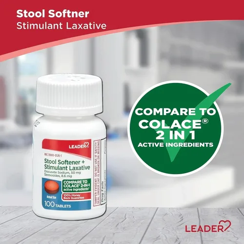 Vista 3 de Leader Suavizante de heces 2 en 1 y laxante estimulante, Docusate Sodium 50 mg, sennósidos 8.6 mg, alivio ocasional suave del estreñimiento