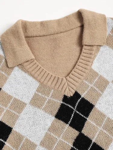 Vista 3 de Suéter Zaful de punto, con cuello en V, patrón de rombos, para mujer