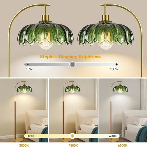 Vista 2 de Lámparas de pie de madera para sala de estar, lámpara de pie dorada con control remoto y pantalla de cristal, lámpara de arco de flores, lámpara