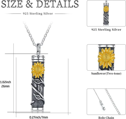 Vista 6 de Joyería de cremación de plata esterlina, diseño de girasol, rosa, margarita, urna para cenizas, joyería de recuerdo conmemorativo para mujeres