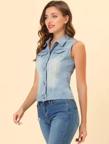 Vista 2 de Allegra K Chaleco de mezclilla lavado con botones para mujer, con bolsillos con solapa en el pecho