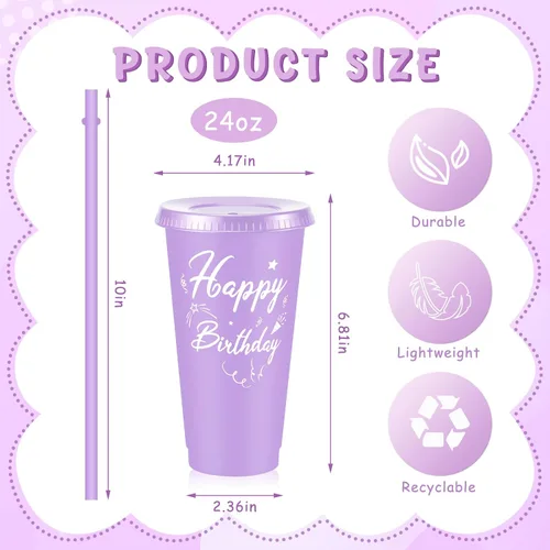 Vista 2 de Uiifan 30 vasos de cumpleaños a granel con tapas y pajitas, vasos reutilizables de color morado y rosa para regalos de fiesta, regalos de devolución