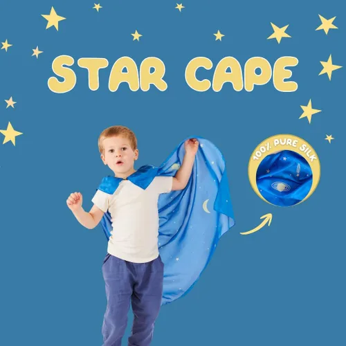 Vista 2 de Sarah's Silks - Capa de seda 100% estrella para jugar como superhéroe, princesa, hada o elfo. Banda ajustable para el cuello de 32 pulgadas de largo