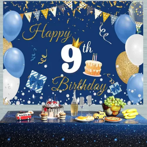 Vista 3 de Decoraciones de 9º cumpleaños para niños y niñas, cartel de telón de fondo de feliz cumpleaños 9 años, cartel de tela con texto en inglés "Happy 9