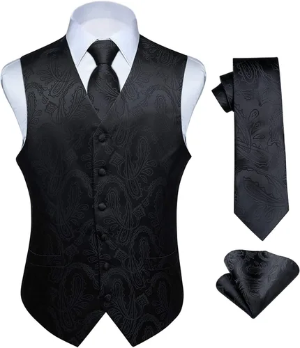 Vista 21 de HISDERN Conjunto de 3 piezas de chaleco formal para hombre, chaleco formal de cachemira floral jacquard corbata bolsillo cuadrado chalecos