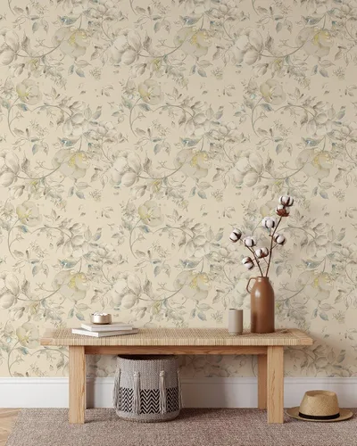 Vista 2 de Papel tapiz de dibujo floral beige Mural floral de acuarela extraíble Papel tapiz autoadhesivo floral pastel