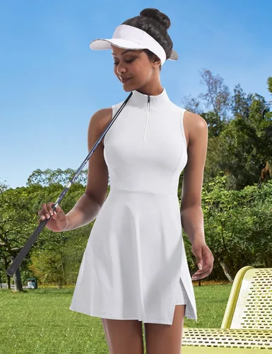 Vista 5 de CUGOAO Vestido de tenis para mujer, vestido de golf, vestido de entrenamiento con pantalones cortos y bolsillos para vestidos deportivos sin mangas