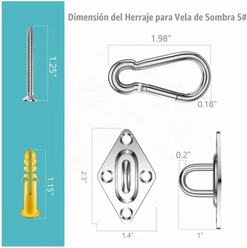 Vista 2 de Kit de accesorios para toldo, 5 pulgadas, súper resistente, acero inoxidable 304 de grado marino, kit de accesorios para instalación de velas
