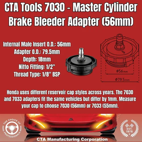 Vista 4 de CTA Tools 7030 Adaptador de cilindro maestro – Inserción de 56mm, D.E. de 79.5mm, Conexión Nitto de 1/2" – Compatible con Honda y Acura, purga