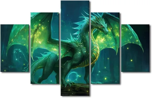 Vista 76 de Lienzo decorativo para pared de sala de estar, lienzo de dragón, 5 paneles, dragón verde, decoración de pared para el hogar, decoración de pared