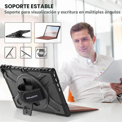 Vista 4 de BRAECNstock - Funda para Microsoft Surface Pro 7+ Plus/7/6/5/4 de 12,3", color negro Shockproof Case with 360° Stand,Hand Strap & Pencil Holder