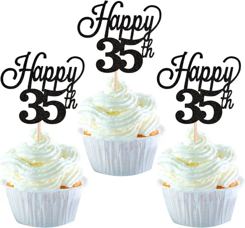 Vista 29 de Paquete de 24 adornos para cupcakes con purpurina número 15, quince cumpleaños, decoración para cumpleaños de 15 años, suministros de fiesta de Negro