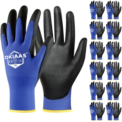 Vista 18 de OKIAAS Guantes de trabajo ultrafinos y ligeros para hombre con agarre, 12 pares, color negro, talla S