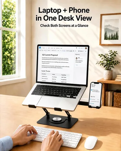 Vista 2 de 2-in-1 Laptop Stand with Phone Holder, 360° Swivel Laptop Riser for Desk Black