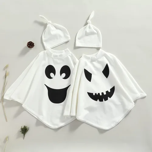 Vista 5 de Disfraz de Halloween para bebé, niña, niño, capa de fantasma, capa con estampado de mueca y sombrero, traje de cosplay B-blanco Smiley Capa Con
