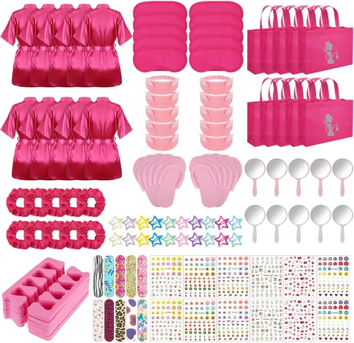 Vista 10 de 122 piezas Kit de fiesta de spa rosa y rosa intenso para niñas, paquete de 10 recuerdos de fiesta de pijamas con batas de satén, bolsas de mano
