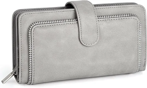 Vista 8 de UTO Cartera de cuero vegano para mujer, cartera larga con broche de presión, tarjetero de crédito, elegante embrague 0153 Gris