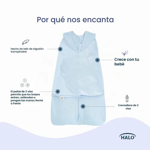 Vista 5 de HALO Saco de dormir envolvente 100% algodón, manta vestible ajustable de 3 vías, TOG 1.5, azul bebé, recién nacido, 0-3 meses