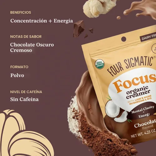 Vista 3 de Four Sigmatic Focus Chocolate Coffee Creamer Crema de café sin lácteos orgánica con Lion’s Mane y Vitamina B12 Chocolate, 4.23 oz