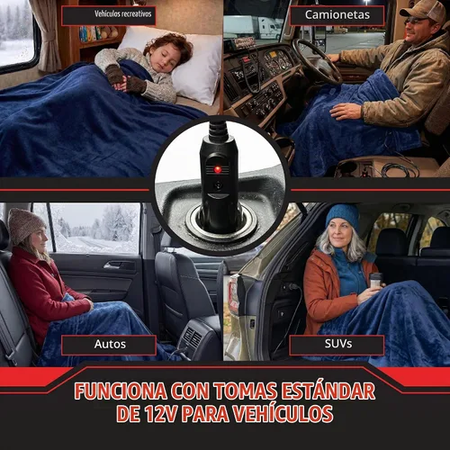 Vista 4 de Cobija eléctrica para auto de 12 voltios, talla única Se ajusta a la mayoría, Marino Azul marino