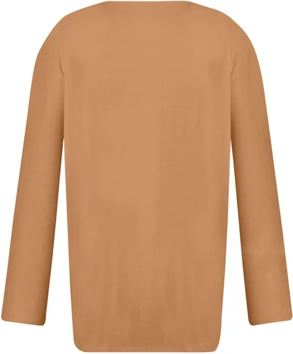 Vista 3 de Camiseta de manga larga con cuello en V y botones para mujer, con panel en el pecho, color liso, sin botones