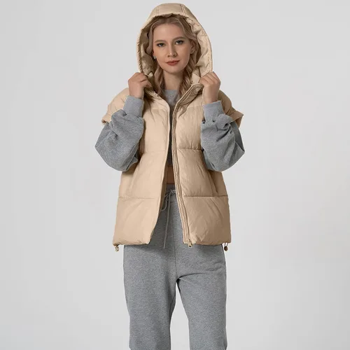 Vista 37 de Shiyifa Chaleco acolchado para mujer, chaqueta de gran tamaño, sin mangas, ligera, con cremallera, con capucha desmontable