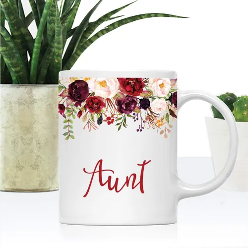 Vista 2 de Andaz Press Taza de té de cerámica para el día de la madre, regalo de 9.5 fl oz, otoño, marsala, flores burdeos, rosas, flores, tía, 1 paquete