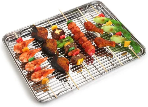 Vista 8 de Yododo - Juego de bandeja para hornear con estante de refrigeración (2 sartenes + 2 estanterías), bandeja para hornear galletas de acero inoxidable