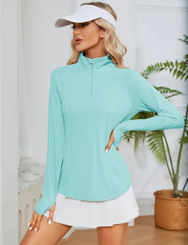 Vista 2 de LOMON Camisas de manga larga para mujer, protección solar, cremallera de 14, de verano, de secado rápido, para senderismo, con cremallera de un