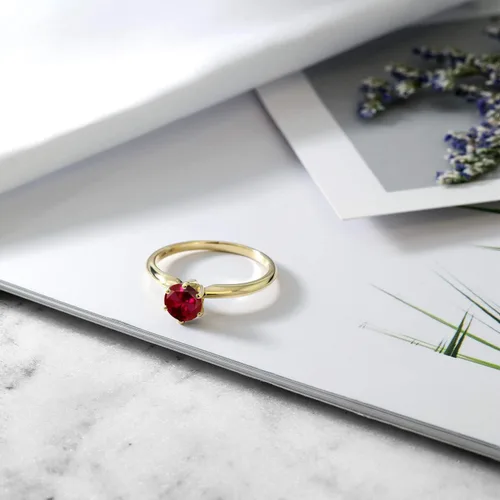 Vista 5 de Anillo de compromiso solitario con piedra preciosa redonda de oro amarillo de 14 quilates de 0.236 in para mujer Ajuste clásico de 6 puntas