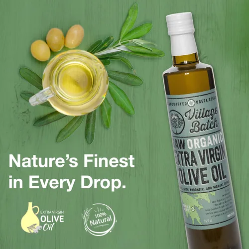 Vista 5 de Village Batch Aceite de oliva virgen extra orgánico crudo, AOVE prensado en frío y sin filtrar, auténtico aceite de oliva griego, rico sabor