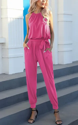 Vista 3 de Byinns Mono de una pieza con cuello halter para mujer, sin mangas, cintura alta, con cinturón, largo, casual, para verano