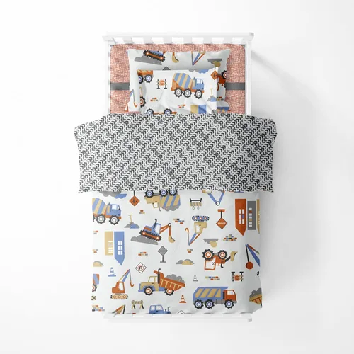 Vista 3 de Bacati Juego de ropa de cama de algodón multicolor de construcción de 4 piezas para niños, 100% algodón, incluye edredón reversible, sábana bajera