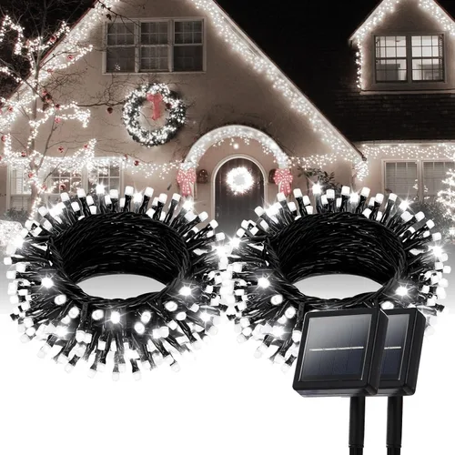Vista 10 de Guirnalda de luces solares impermeables para exteriores, 200 luces LED extralargas de 82 pies, luces solares de Navidad, luces solares impermeables