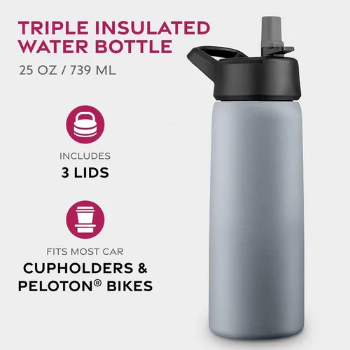Vista 3 de Botellas de agua de acero inoxidable con triple aislamiento con pajilla, botellas de agua reutilizables aisladas de 25 onzas con 3 tapas, botella