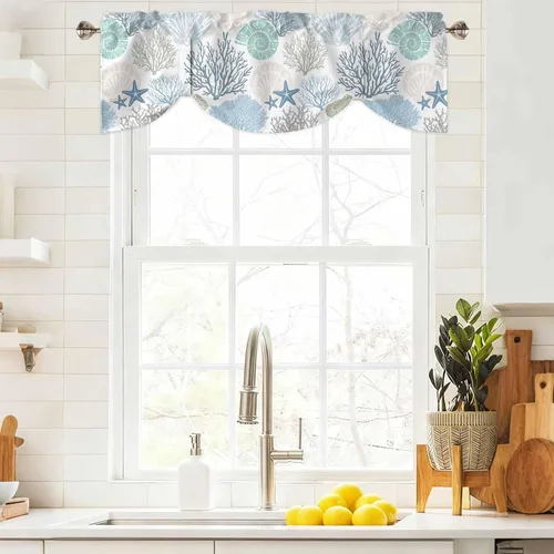Vista 2 de Cenefa de amarre para ventanas, cortinas náuticas costeras de coral, cenefas con bolsillo para barra, cortinas de ventana con temática de playa