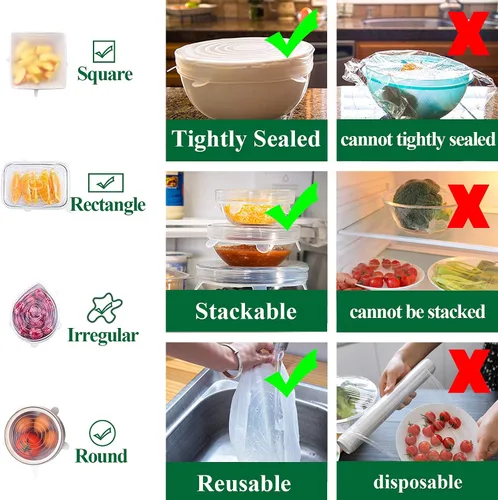 Vista 6 de Tapas elásticas de silicona, paquete de 12 tapas de silicona reutilizables para almacenamiento de alimentos, cubiertas de silicona sin BPA