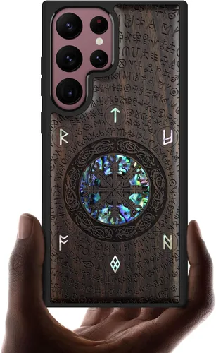Vista 10 de Carveit Funda hecha a mano para Galaxy S22 Ultra (brújula-negro)