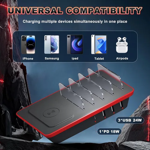 Vista 11 de Estación de carga para múltiples dispositivos, estación de carga de 4 puertos de 85 W con potentes puertos USB C PD de 18 W, cargador inalámbrico QI