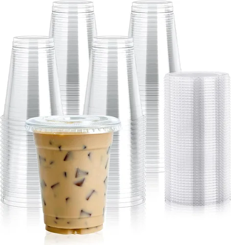 Vista 10 de Lilymicky 200 juegos de vasos de plástico transparente de 10 onzas con tapas planas, vasos desechables de 10 onzas para batidos, Slurpee o cualquier