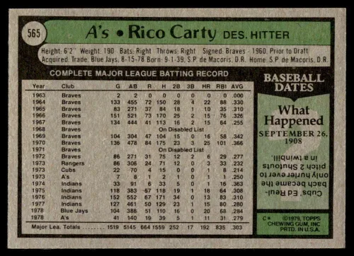 Vista 2 de 1979 Topps #565 Rico Carty Oakland Athletics MLB Baseball Card NM Near Mint