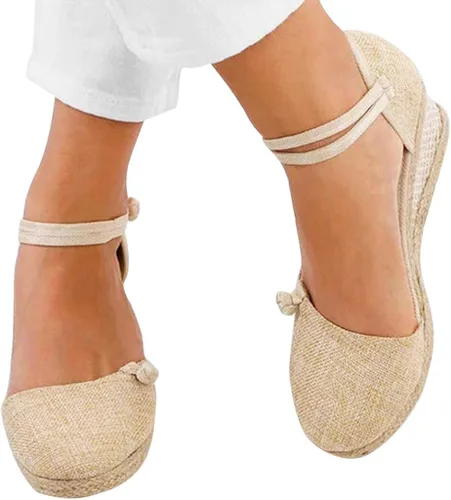 Vista 3 de Aniywn Sandalias de cuña retro con punta cerrada para mujer, con correa de hebilla, alpargatas para mujer