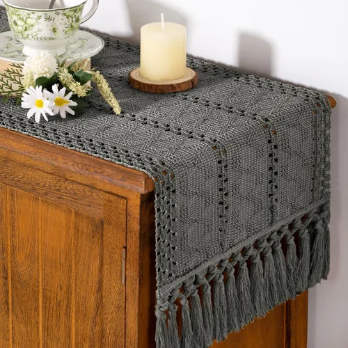 Vista 8 de Camino de mesa bohemio de verano rústico para comedor, bufanda para decoración del hogar Tassel Kitchen Centerpiece Small Macrame Woven Cotton