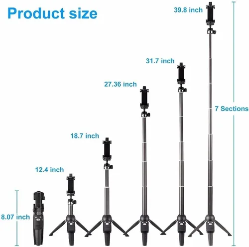 Vista 3 de Trípode monopie para selfie, largo extensible, con control remoto inalámbrico, soporte de clip para teléfono, compatible con iPhone y teléfono