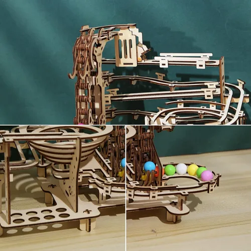 Vista 2 de Kit de carrera de mármol de madera, rompecabezas 3D, bolas de colores de madera, polipasto escalonado con mecanismo de elevación de 3 escalones