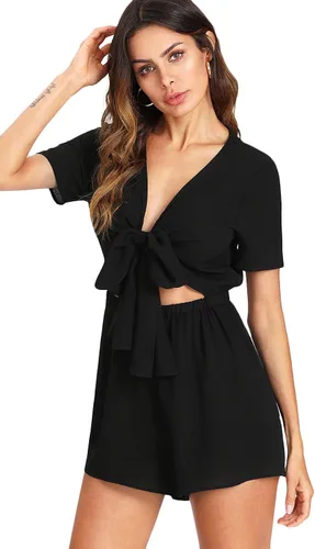 Vista 3 de SweatyRocks - overol corto, romper con cuello en V para mujer, sexy, se ata al frente.