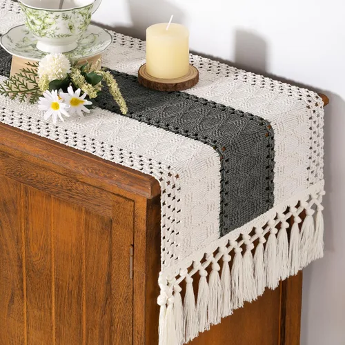 Vista 28 de Camino de mesa bohemio de verano rústico para comedor, bufanda para decoración del hogar Tassel Kitchen Centerpiece Small Macrame Woven Cotton