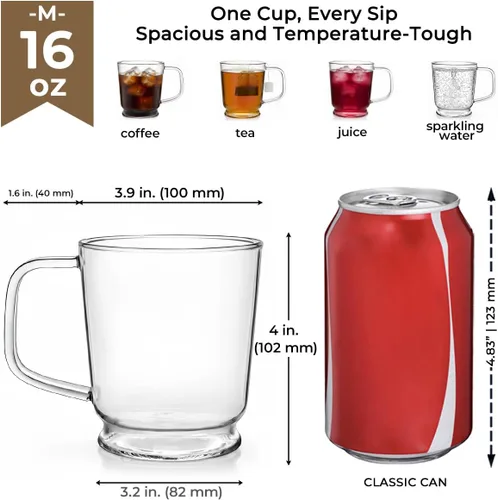 Vista 4 de Aquach - Juego de 2 tazas de vidrio transparente de 16 onzas, tazas de té grandes para café Apta para lavavajillas/microondas, vidrio