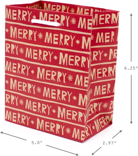 Vista 4 de Hallmark - Juego de bolsas de regalo pequeñas de 6 pulgadas para fiestas (paquete de 5; rojo, blanco y kraft) Copos de nieve, rayas, Feliz (5XGB1798)