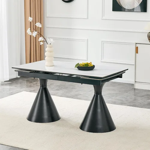 Vista 6 de Mesa de comedor extensible moderna para 4-8 personas, mesa de cocina de piedra sinterizada expandible con base de metal negro, ahorro de espacio